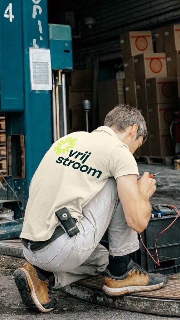 Elektricien in Vrijstroom-shirt sluit een batterij aan in de werkplaats